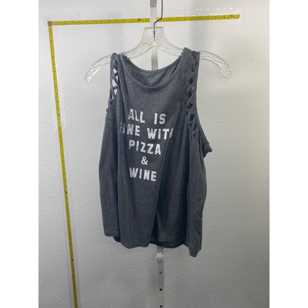 Grayson Threads Pizza & Wine Graphic Tank Top Gray Lattice Shoulder Womens Large